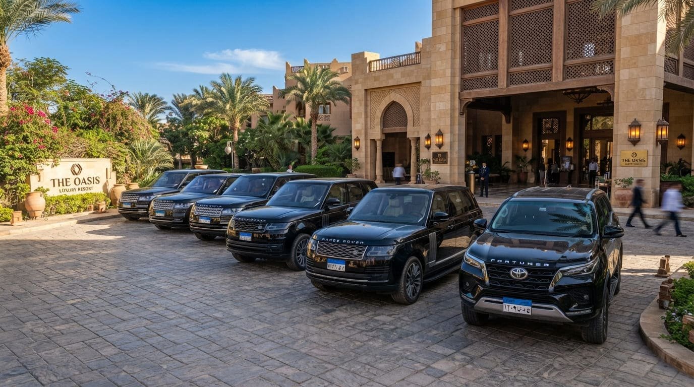 أسطول سيارات دفع رباعي سوداء في منتجع سياحي فاخر - ليموزين مصر