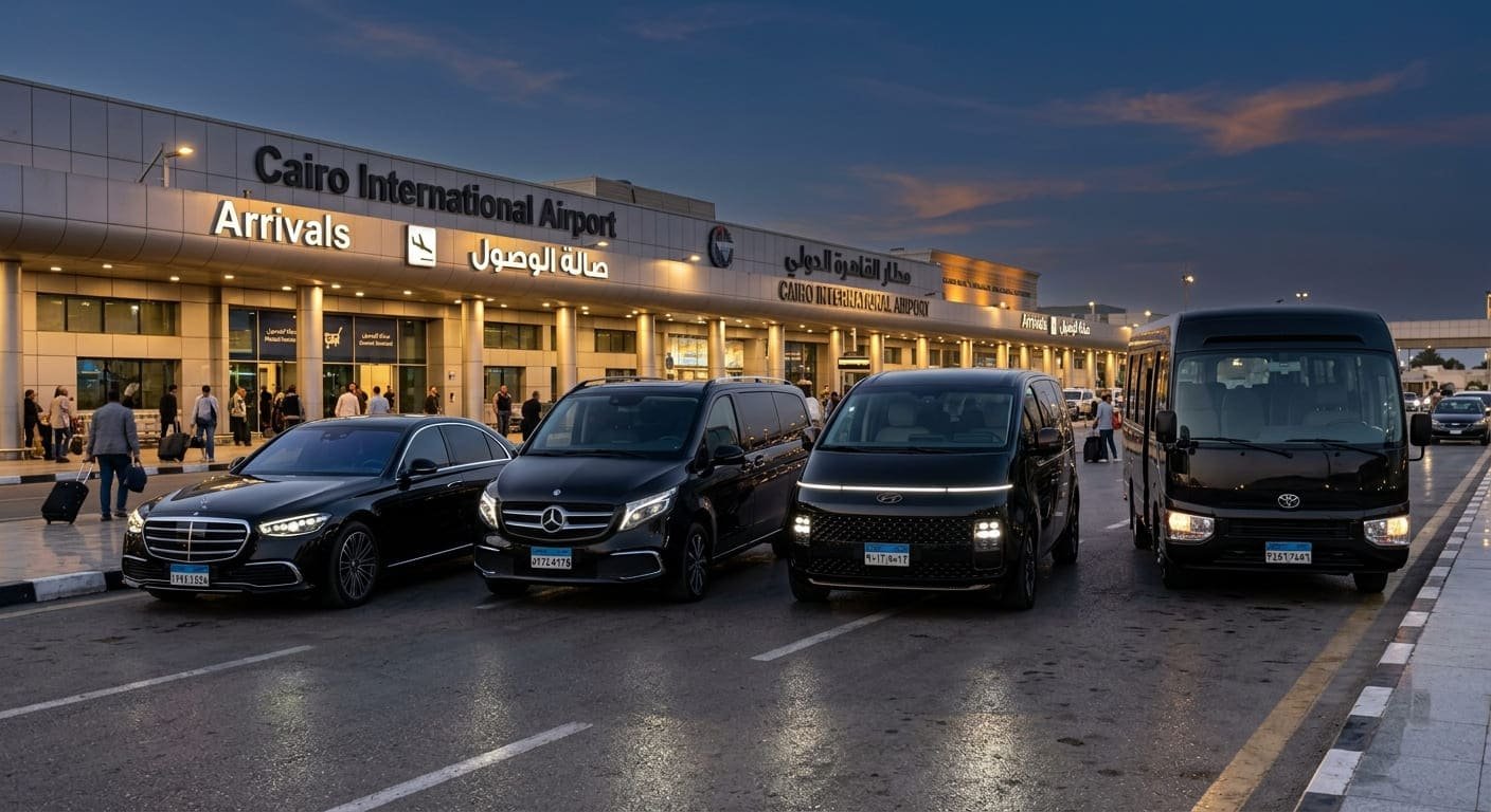 أسطول سيارات وباصات سياحية من شركة ليموزين مصر موديل 2026 مصطفة أمام مبنى الوصول بمطار القاهرة الدولي في وقت الغروب. تشمل سيارات مرسيدس وفان عائلي وباص كوستر، جميعها باللون الأسود الملكي اللامع.