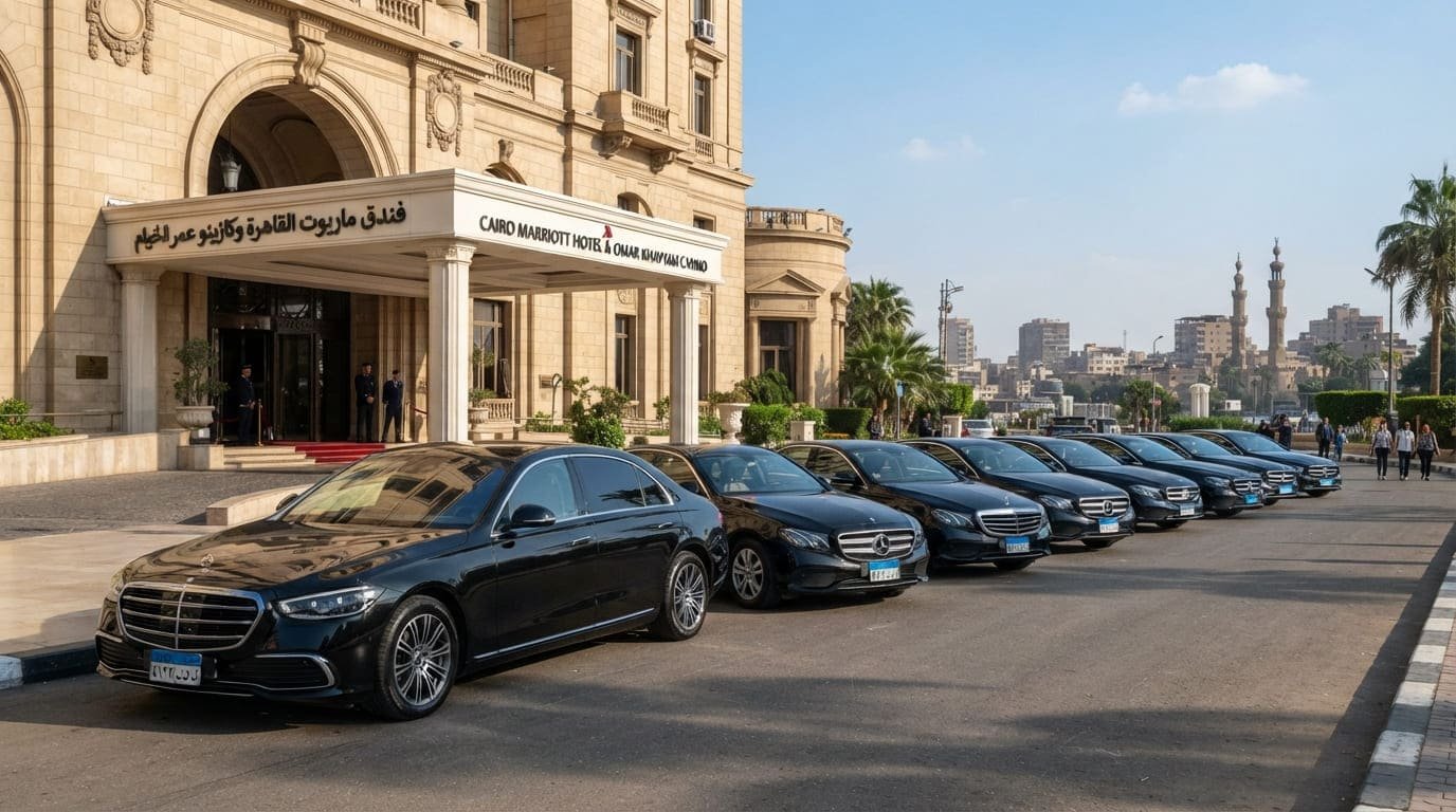 أسطول سيارات سيدان فارهة وسوداء أمام فندق فاخر بالقاهرة - ليموزين مصر