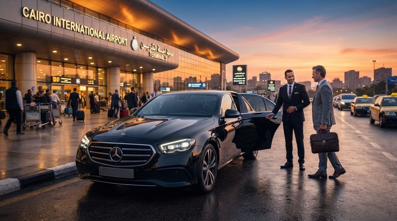 استقبال VIP من مطار القاهرة بخدمة ايجار مرسيدس E_class سوداء - ليموزين مصر