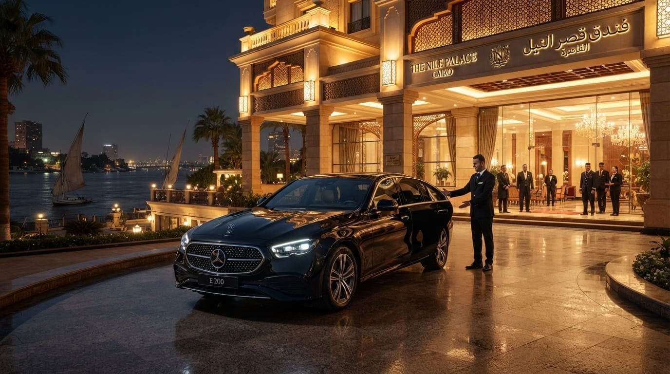 توصيل وتسكين الفنادق الفاخرة بسيارات مرسيدس E200 الفخمة في القاهرة