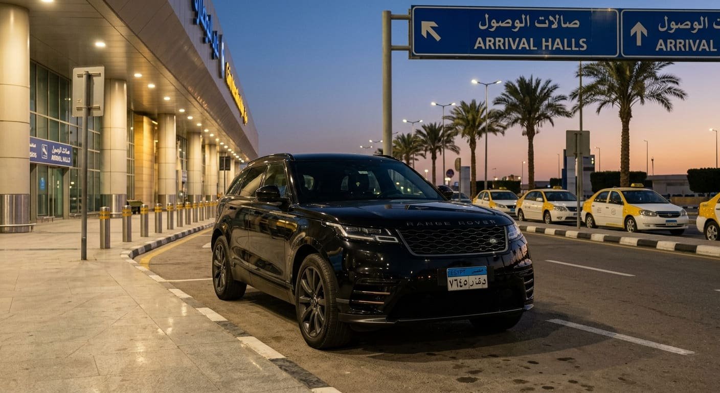 ايجار رانج روفر 2026 سيارة رانج روفر فيلار 2026 سوداء من شركة ليموزين مصر تنتظر استقبال VIP أمام صالات الوصول بمطار القاهرة الدولي.