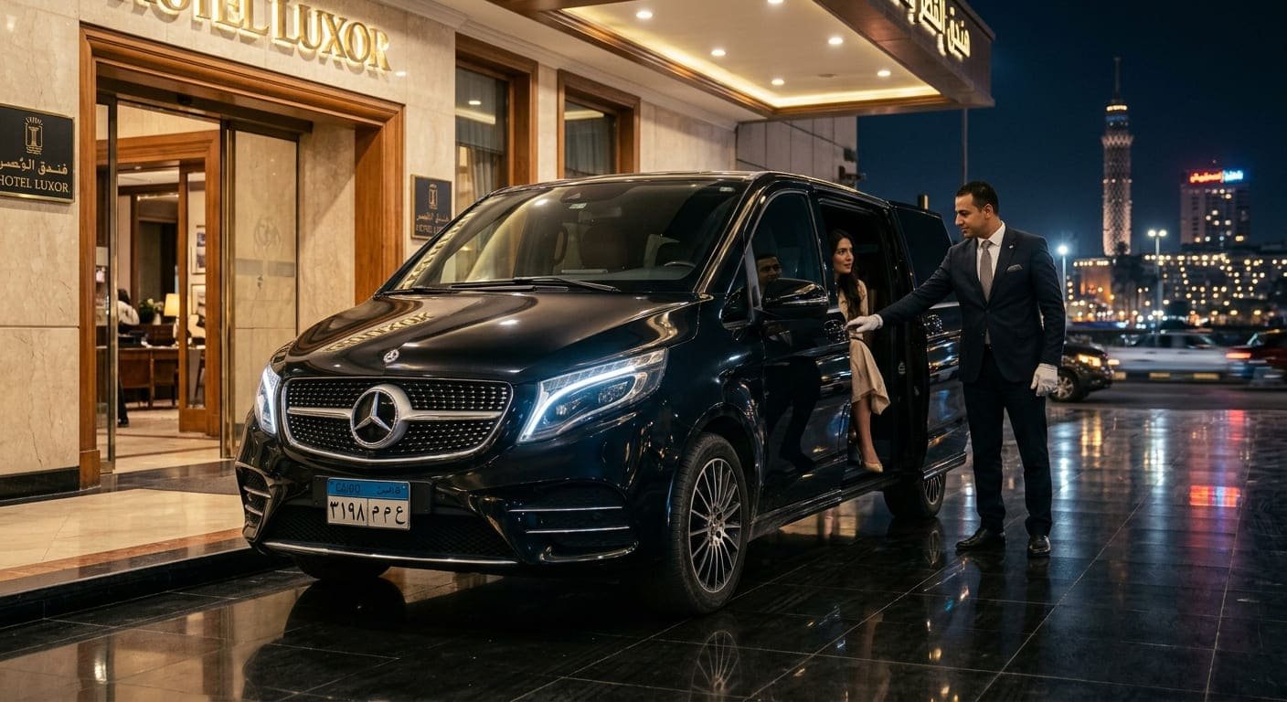 سيارة مرسيدس V300 سوداء فاخرة أمام فندق على كورنيش النيل بالقاهرة مع خدمة السائق الخاص VIP[cite: 4]