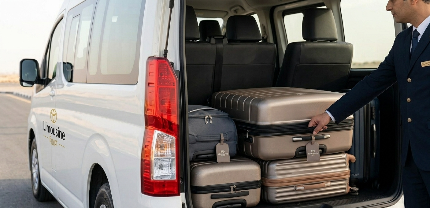 فحص الحقائب والأمتعة في ليموزين مطار القاهرة - تويوتا هايس - سائق ليموزين مصر يتأكد من ترتيب الشنط وأمانها.