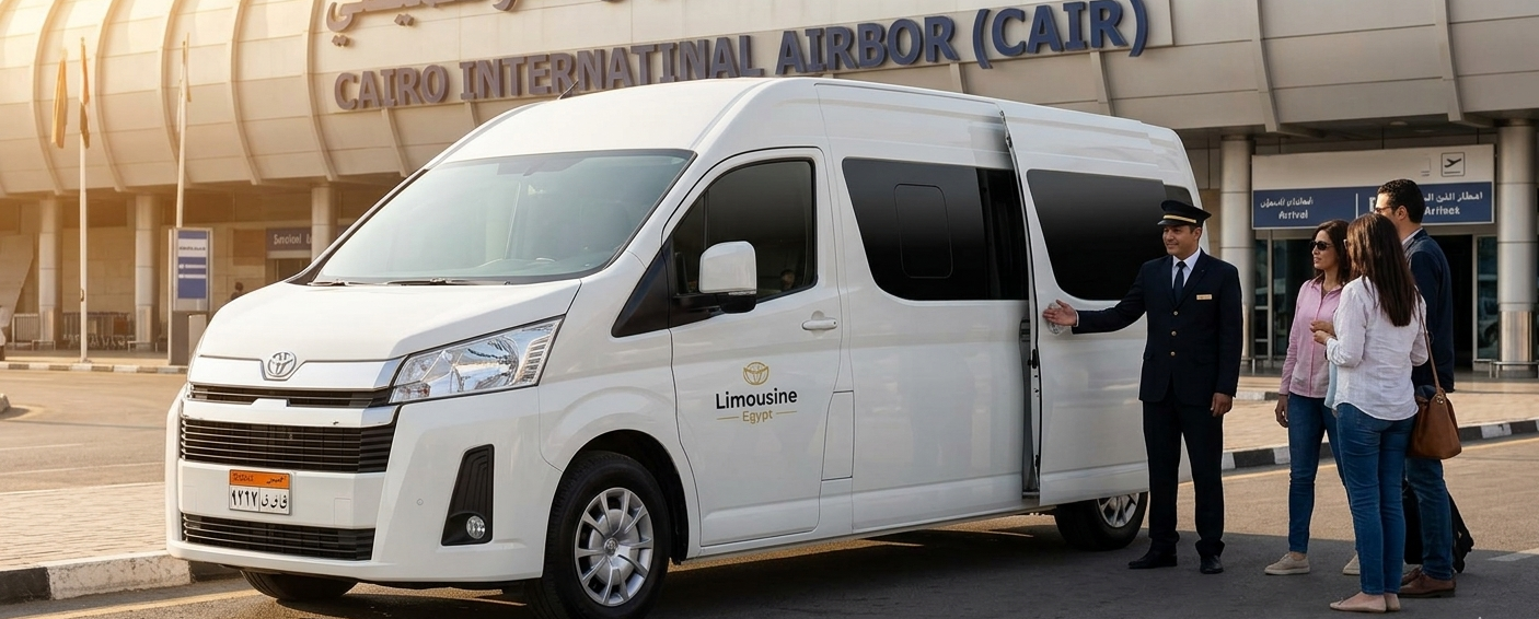 تويوتا هايس ليموزين مطار القاهرة تسير على الطريق الصحراوي نحو الإسكندرية - ليموزين جماعي آمن - ليموزين مصر.
