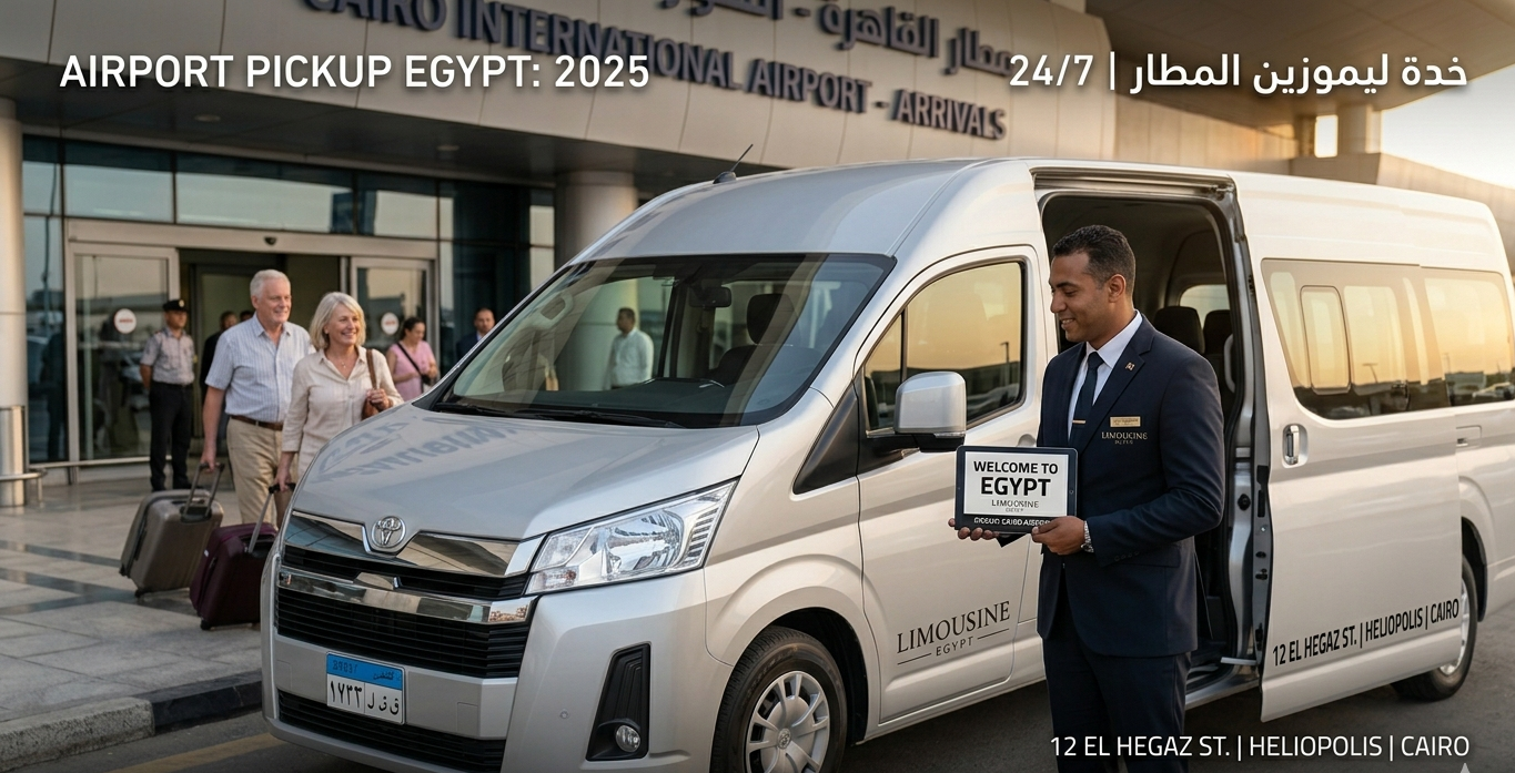 Professional Cairo Airport limousine service pickup, chauffeur holding welcome sign for tourists with Toyota Hiace 2025.