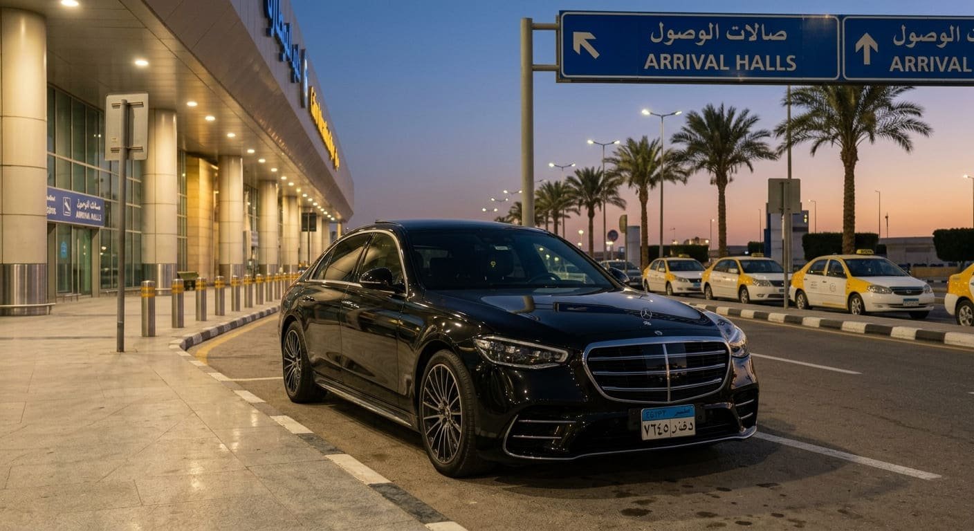 سيارة ليموزين مرسيدس فاخرة تنتظر العملاء أمام صالة الوصول بمطار القاهرة الدولي لخدمات الانتقال إلى العاصمة الإدارية.