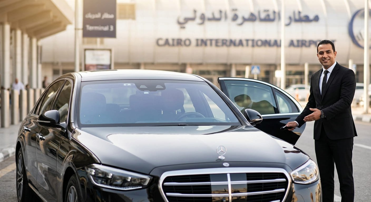 سائق خاص مع سيارة مرسيدس S-Class في استقبال مطار القاهرة الدولي من ليموزين مصر Private car with driver