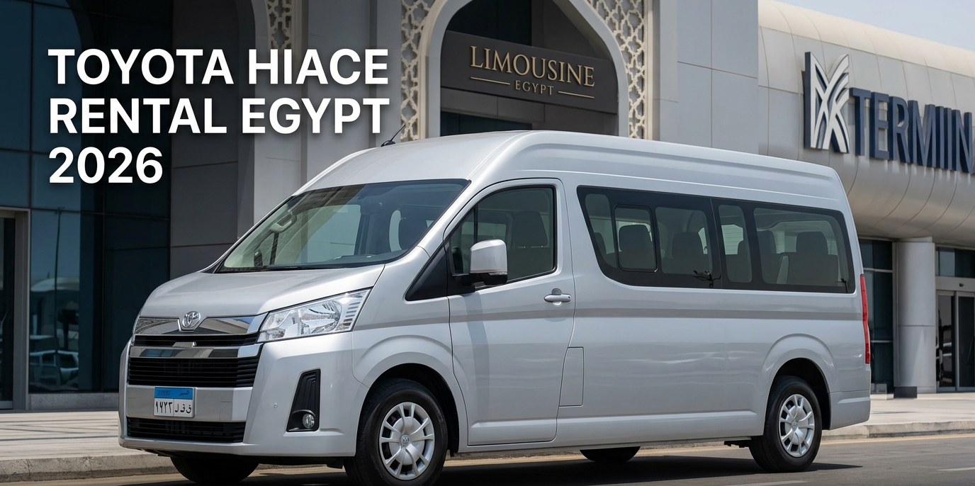 Luxury Toyota Hiace 2025 rental in Egypt by Limousine Egypt, 13-seater minibus for tourist transport and Cairo airport service.