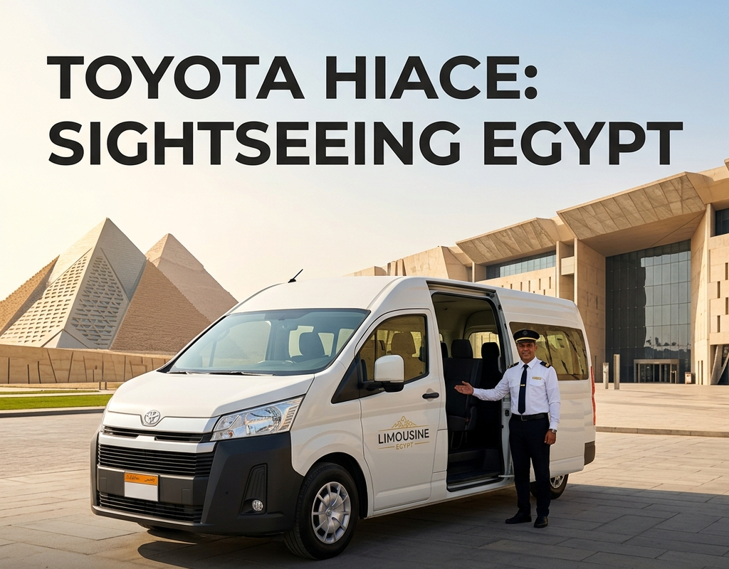 Toyota Hiace for sightseeing at Giza Pyramids and Grand Egyptian Museum, tourist bus with driver by Limousine Egypt.