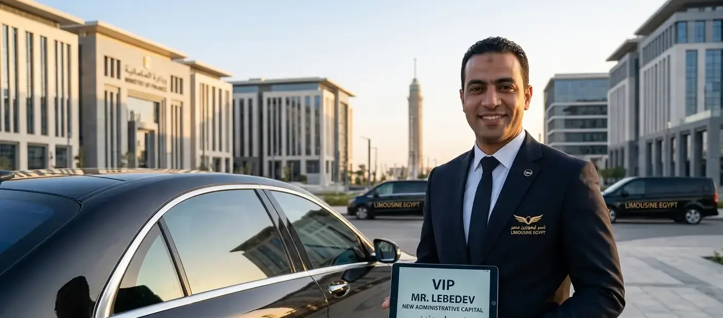 حجز ليموزين مطار القاهرة سائق ليموزين VIP محترف يستقبل وفداً في العاصمة الإدارية أمام فندق الماسة