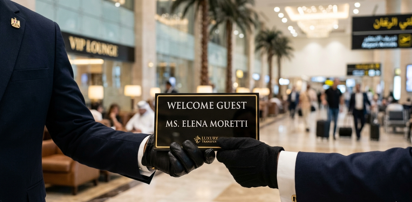 Professional chauffeur holding a welcome sign at Cairo Airport, representing elite executive car service.